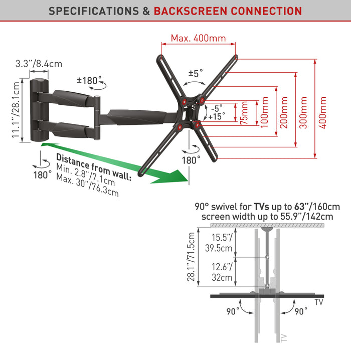 Barkan Supports Support mural TV extra long 13 - 65 pouces | Max. 36 kg | VESA 400x400