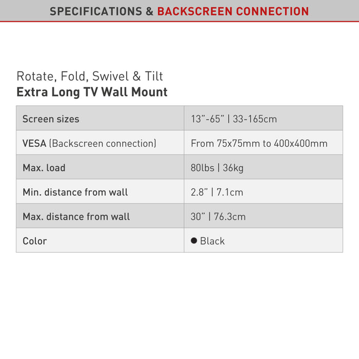 Barkan Supports Support mural TV extra long 13 - 65 pouces | Max. 36 kg | VESA 400x400