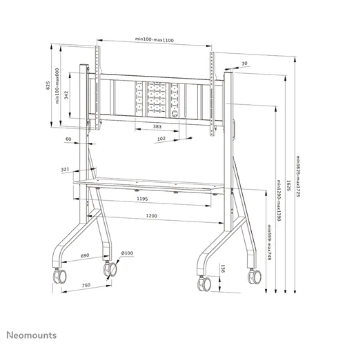 Support de sol mobile Neomounts FL50-575WH1 pour écrans de 65 à 110" - Blanc