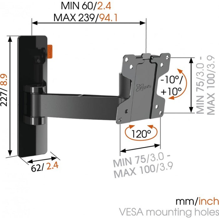 Vogels WALL 2025 Support mural TV pivotant noir jusqu'à 26 pouces