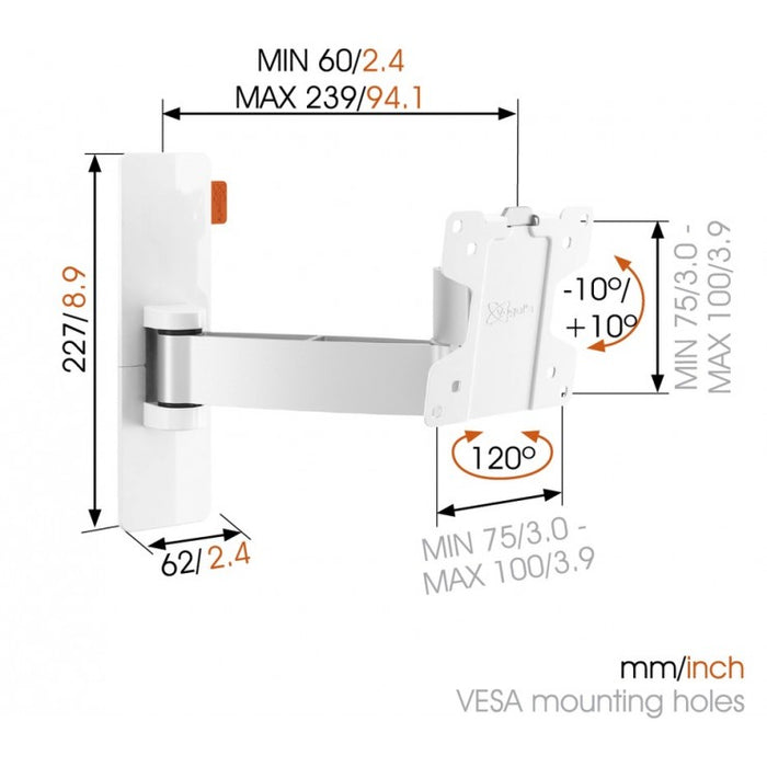 Vogels WALL 2025 Support mural TV pivotant blanc jusqu'à 26 pouces