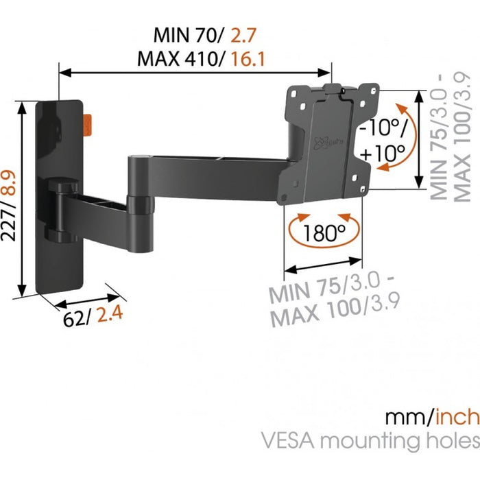Support mural pivotant Vogels WALL 2045 noir jusqu'à 26 pouces