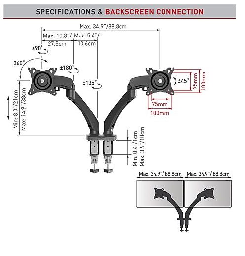 Barkan Mounts Bras double pour moniteur avec fixation de bureau | jusqu'à 29 pouces | 2 écrans | Vérin à gaz