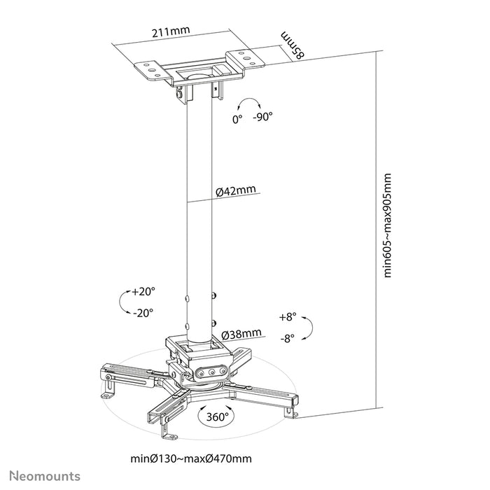 Neomounts CL25-540BL1 support universel de plafond pour projecteur, hauteur réglable (60,5-90,5 cm) - Noir