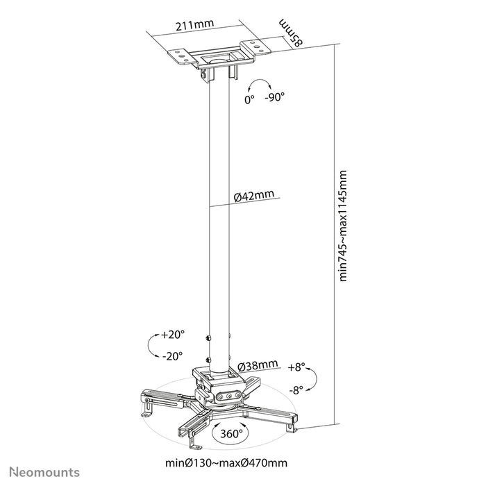 Neomounts CL25-550BL1 support universel de plafond pour projecteur, hauteur réglable (74,5-114,5 cm) - Noir