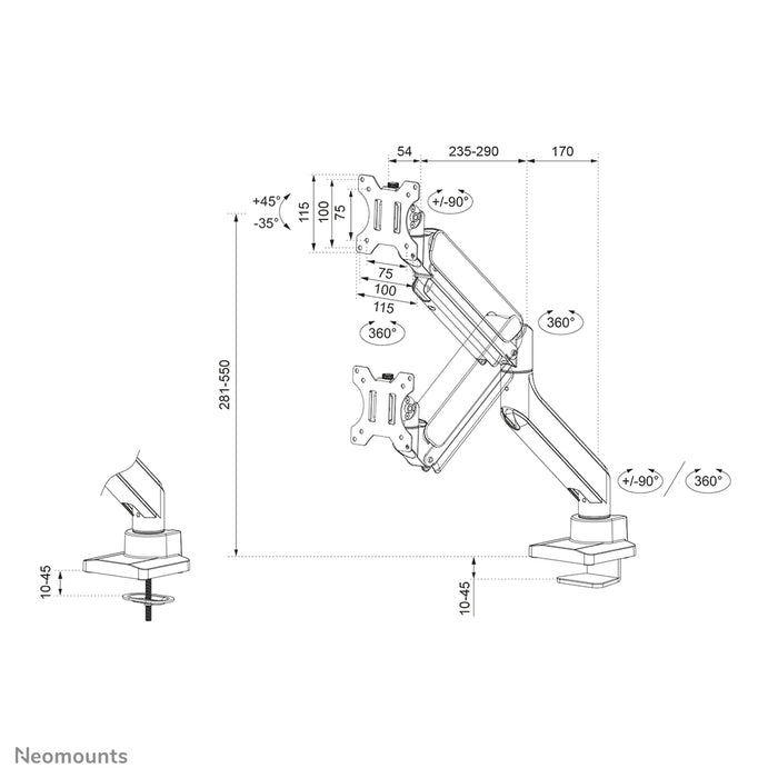 Support de bureau Neomounts DS70-450WH1 à mouvement complet pour écrans de 17 à 42 pouces - Blanc