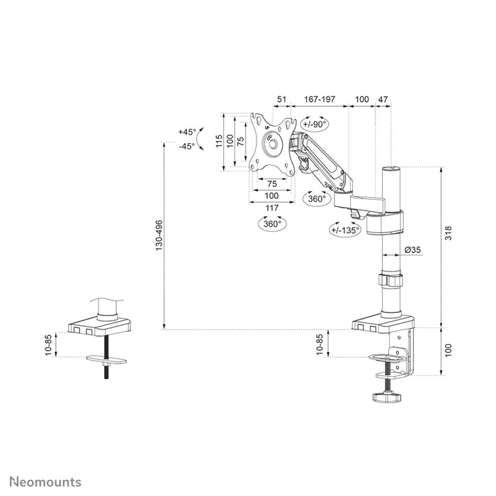 Support de bureau Neomounts DS70-750BL1 à mouvement complet pour écrans de 17 à 27 pouces - Noir