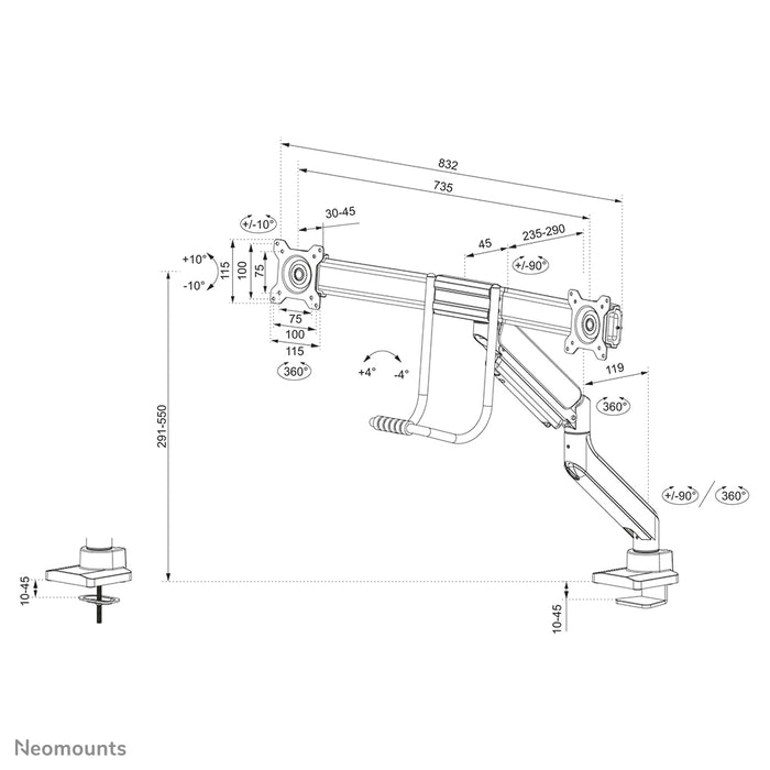 Support de bureau Neomounts DS75-450BL2 à mouvement complet pour écrans de 17 à 32 pouces - Blanc