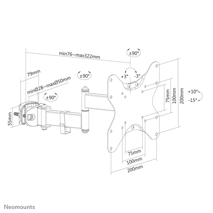 Neomounts FL40-450BL12 support TV à mouvement complet (Ø28-50 mm) pour écrans de 23 à 42 pouces - Noir