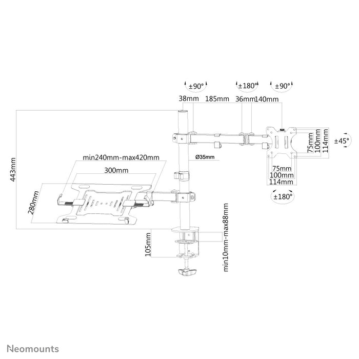Neomounts FPMA-D550NOTEBOOK est un support de bureau pour un ordinateur portable et un écran plat jusqu'à 32 pouces.