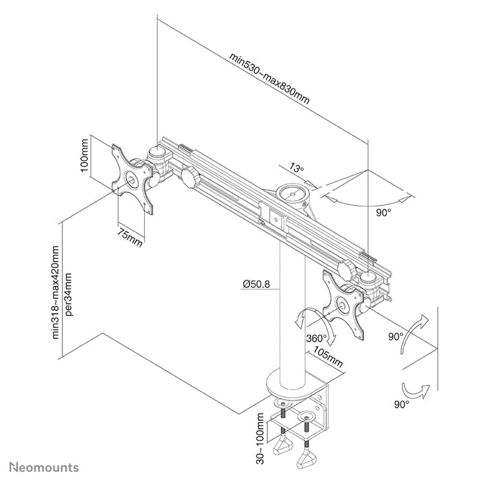 Neomounts FPMA-D700D est un support de bureau pour 2 écrans plats jusqu'à 30 pouces (76 cm).