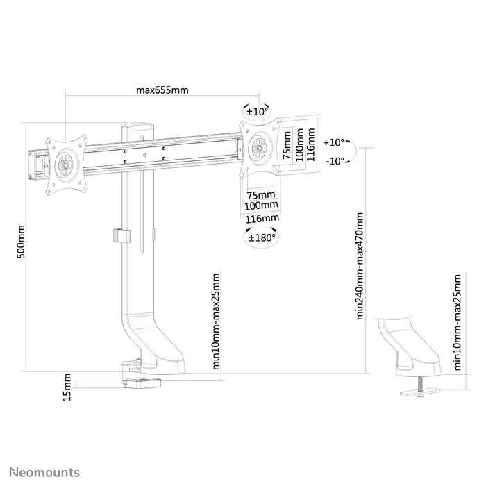 Neomounts FPMA-D860D noir est un support de bureau pour deux écrans plats jusqu'à 27 pouces (69 cm).