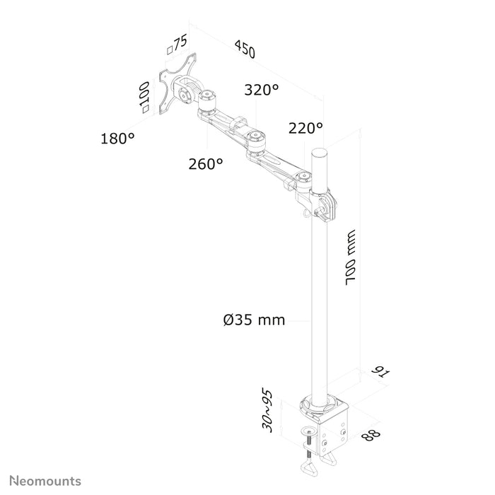 Le Neomounts FPMA-D935POLE70 est un support de bureau avec 3 points de rotation pour écrans plats jusqu'à 30 pouces (76 cm).