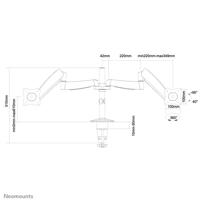 Neomounts FPMA-D950D est un support de bureau avec vérin à gaz pour écrans plats jusqu'à 27 pouces (69 cm).