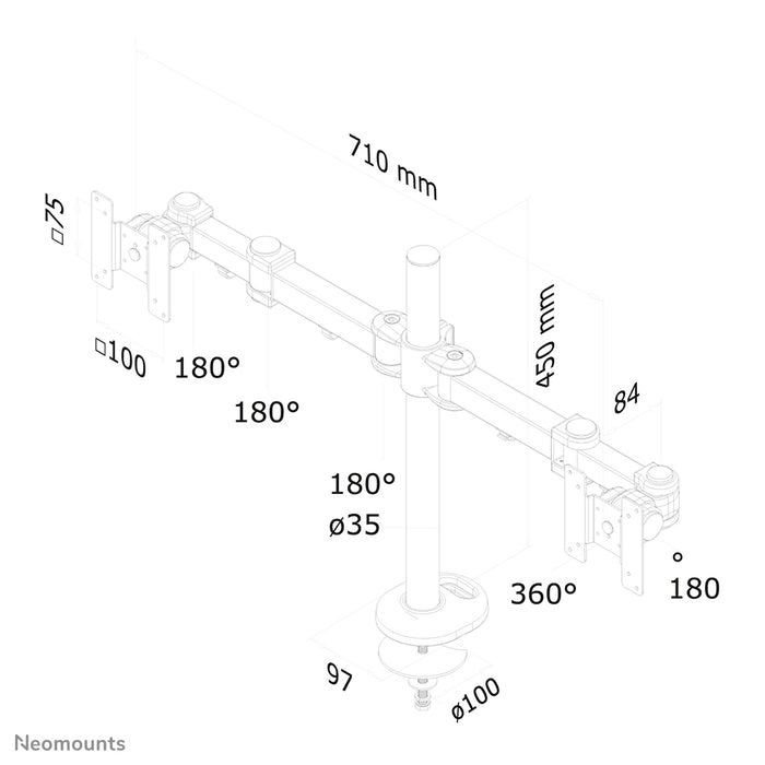 Neomounts FPMA-D960DG est un support de bureau pour 2 écrans plats jusqu'à 27 pouces (69 cm).