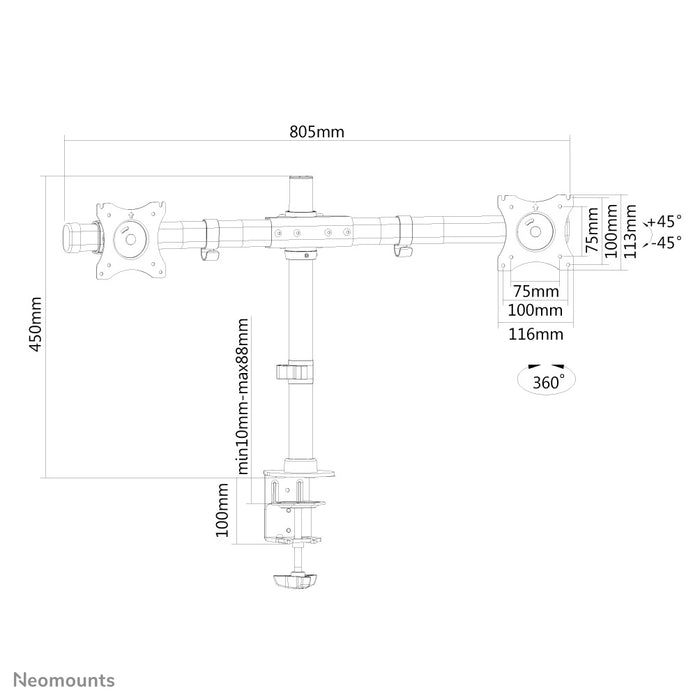 Neomounts FPMA-DCB100D noir est un support de bureau à barre transversale pour 2 écrans plats jusqu'à 27 pouces (69 cm).
