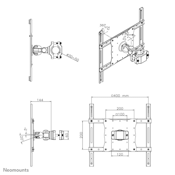 Neomounts FPMA-WP440black est un support de poteau inclinable et pivotant pour écran LCD/LED/TFT jusqu'à 52 pouces (132 cm).