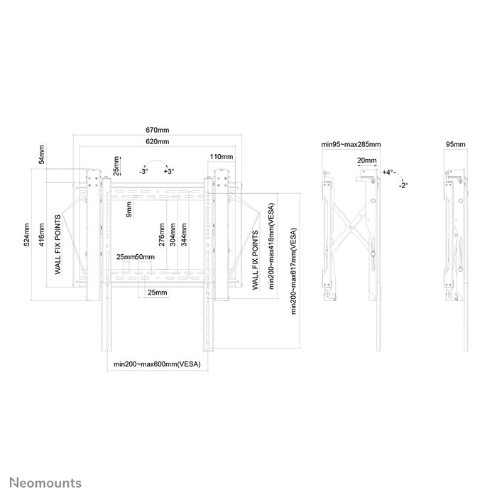 Neomounts LED-VW2500 zwart1 est un support mural plat pour mur vidéo pour écrans jusqu'à 75 pouces (191 cm), pour montage horizontal et vertical - Noir
