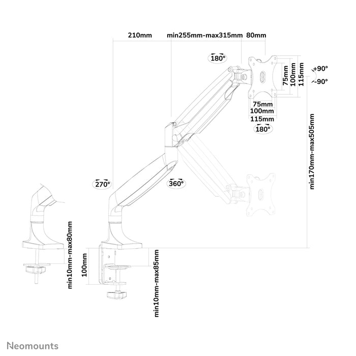 Neomounts NM-D750 noir est un support de bureau avec vérin à gaz pour écrans plats jusqu'à 32 pouces (82 cm).