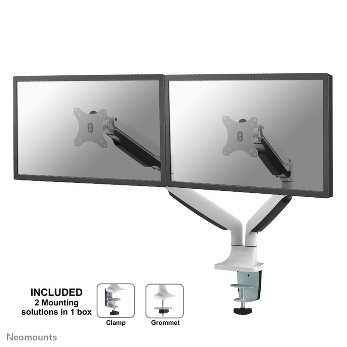Neomounts NM-D750D blanc est un support de bureau à gaz pour deux écrans plats jusqu'à 32 pouces (82 cm).