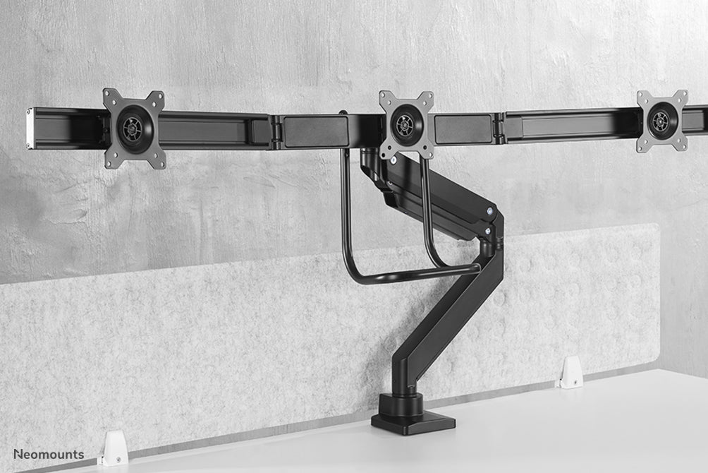 Neomounts NM-D775DX3 noir est un support de bureau à vérin à gaz avec barre transversale et levier pour écrans plats jusqu'à 27 pouces (68,6 cm).