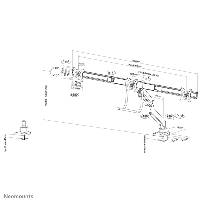 Neomounts NM-D775DX3 noir est un support de bureau à vérin à gaz avec barre transversale et levier pour écrans plats jusqu'à 27 pouces (68,6 cm).
