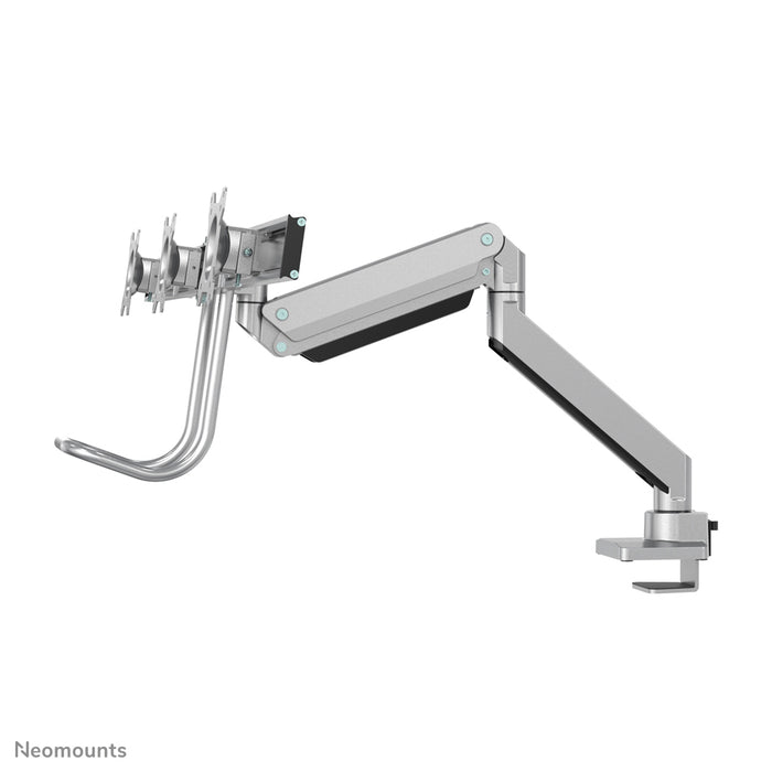 Neomounts NM-D775DX3 argent est un support de bureau à vérin à gaz avec barre transversale et levier pour écrans plats jusqu'à 27 pouces (68,6 cm).