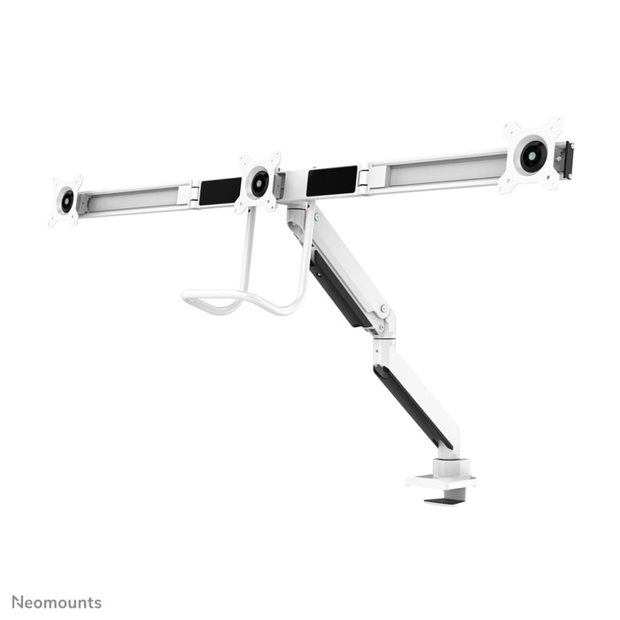 Neomounts NM-D775DX3 blanc est un support de bureau à vérin à gaz avec barre transversale et levier pour écrans plats jusqu'à 27 pouces (68,6 cm).