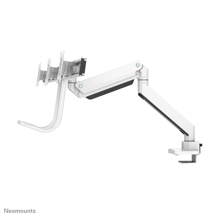 Neomounts NM-D775DX3 blanc est un support de bureau à vérin à gaz avec barre transversale et levier pour écrans plats jusqu'à 27 pouces (68,6 cm).