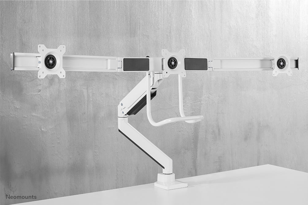 Neomounts NM-D775DX3 blanc est un support de bureau à vérin à gaz avec barre transversale et levier pour écrans plats jusqu'à 27 pouces (68,6 cm).