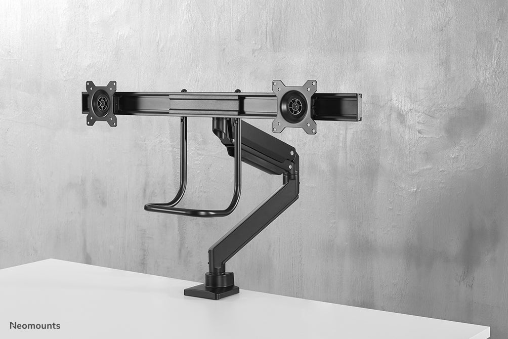 Neomounts NM-D775DX noir est un support de bureau à vérin à gaz avec barre transversale et levier pour écrans plats jusqu'à 32 pouces (81 cm).