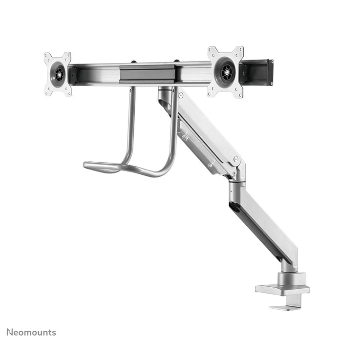 Neomounts NM-D775DX argent est un support de bureau à vérin à gaz avec barre transversale et levier pour écrans plats jusqu'à 32 pouces (81 cm).