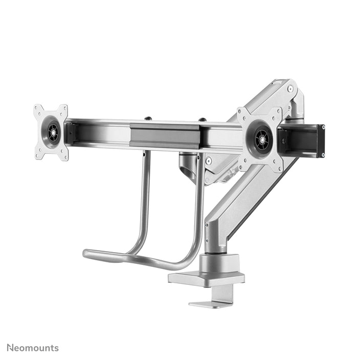 Neomounts NM-D775DX argent est un support de bureau à vérin à gaz avec barre transversale et levier pour écrans plats jusqu'à 32 pouces (81 cm).