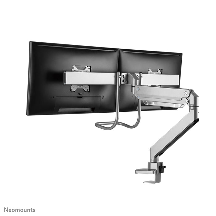 Neomounts NM-D775DX argent est un support de bureau à vérin à gaz avec barre transversale et levier pour écrans plats jusqu'à 32 pouces (81 cm).