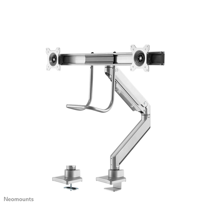 Neomounts NM-D775DX argent est un support de bureau à vérin à gaz avec barre transversale et levier pour écrans plats jusqu'à 32 pouces (81 cm).
