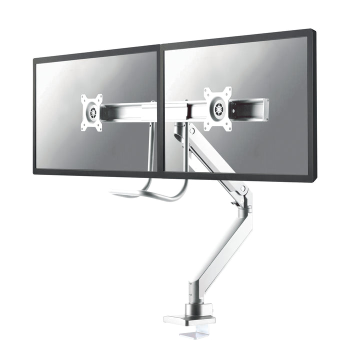 Neomounts NM-D775DX blanc est un support de bureau à vérin à gaz avec barre transversale et levier pour écrans plats jusqu'à 32 pouces (81 cm).