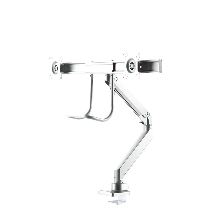 Neomounts NM-D775DX blanc est un support de bureau à vérin à gaz avec barre transversale et levier pour écrans plats jusqu'à 32 pouces (81 cm).
