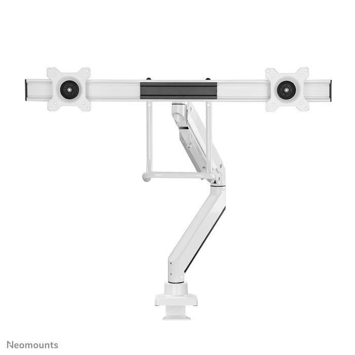 Neomounts NM-D775DX blanc est un support de bureau à vérin à gaz avec barre transversale et levier pour écrans plats jusqu'à 32 pouces (81 cm).