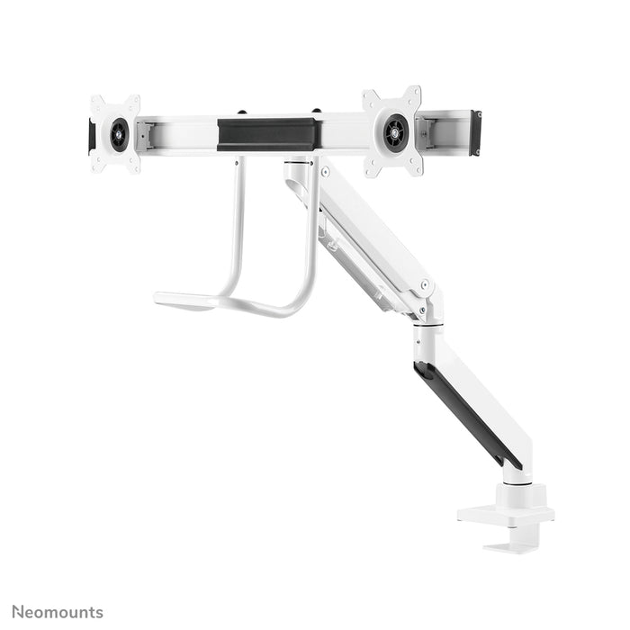 Neomounts NM-D775DX blanc est un support de bureau à vérin à gaz avec barre transversale et levier pour écrans plats jusqu'à 32 pouces (81 cm).