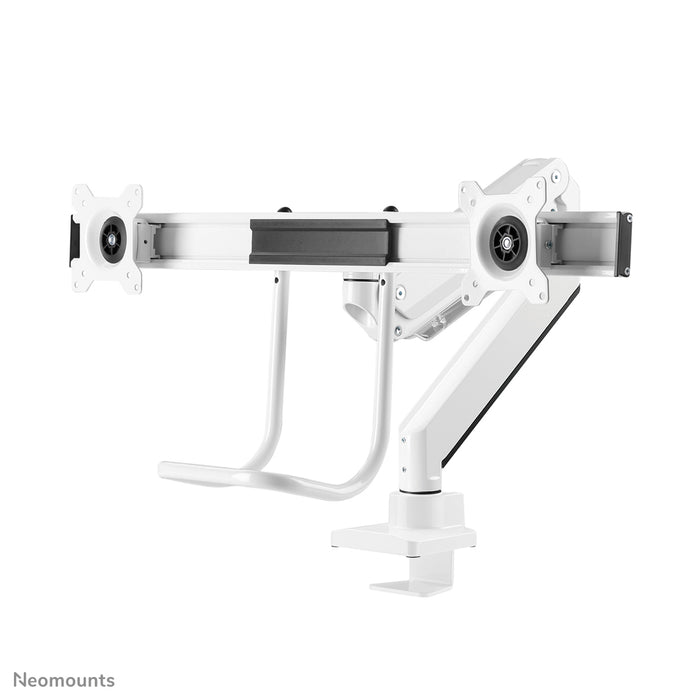Neomounts NM-D775DX blanc est un support de bureau à vérin à gaz avec barre transversale et levier pour écrans plats jusqu'à 32 pouces (81 cm).