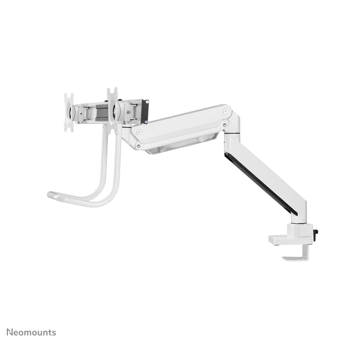 Neomounts NM-D775DX blanc est un support de bureau à vérin à gaz avec barre transversale et levier pour écrans plats jusqu'à 32 pouces (81 cm).