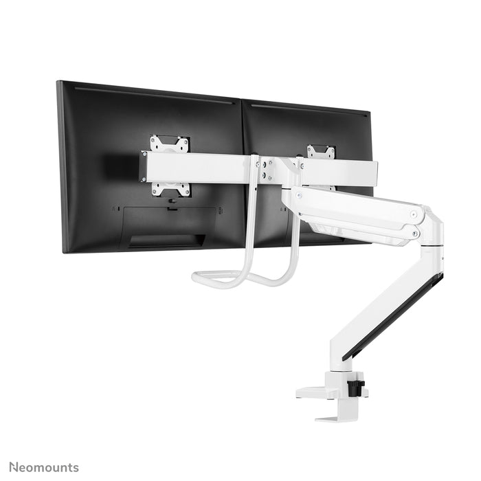 Neomounts NM-D775DX blanc est un support de bureau à vérin à gaz avec barre transversale et levier pour écrans plats jusqu'à 32 pouces (81 cm).