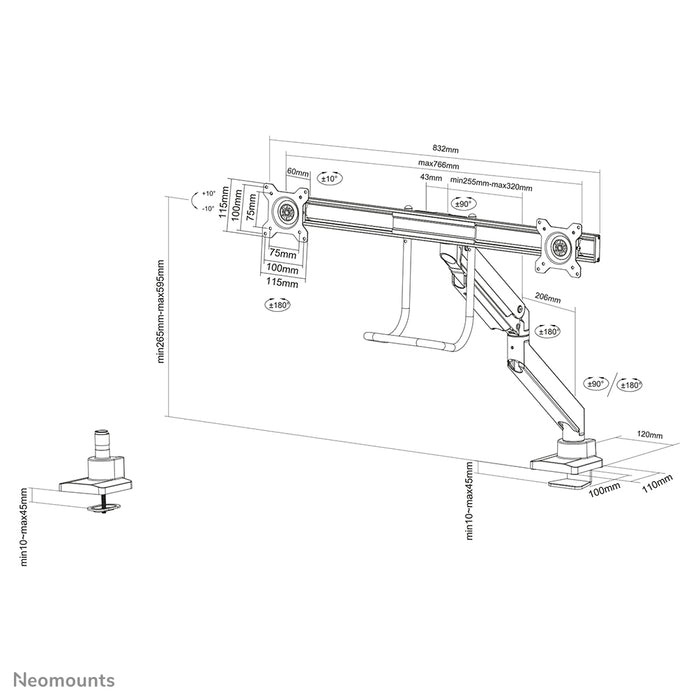 Neomounts NM-D775DX blanc est un support de bureau à vérin à gaz avec barre transversale et levier pour écrans plats jusqu'à 32 pouces (81 cm).