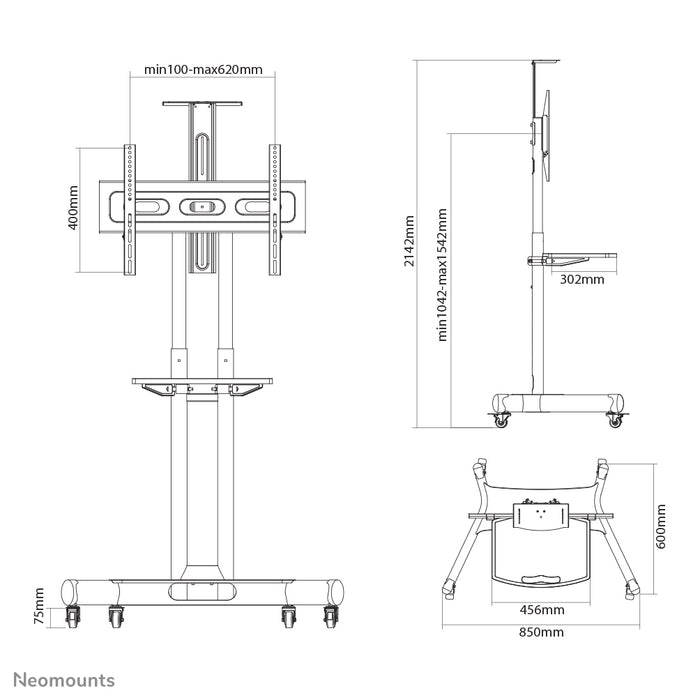 Neomounts NM-M1700 noir est un meuble mobile pour écrans plats jusqu'à 75 pouces (191 cm). Plateau pour ordinateur portable inclus - Noir