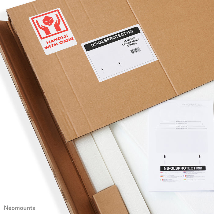 Neomounts NS-GLSPROTECT120 est un écran en verre durable de 120 cm offrant une protection de distance sur le lieu de travail - Verre trempé, transparent, 100 % recyclable