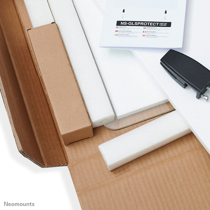 Neomounts NS-GLSPROTECT120 est un écran en verre durable de 120 cm offrant une protection de distance sur le lieu de travail - Verre trempé, transparent, 100 % recyclable