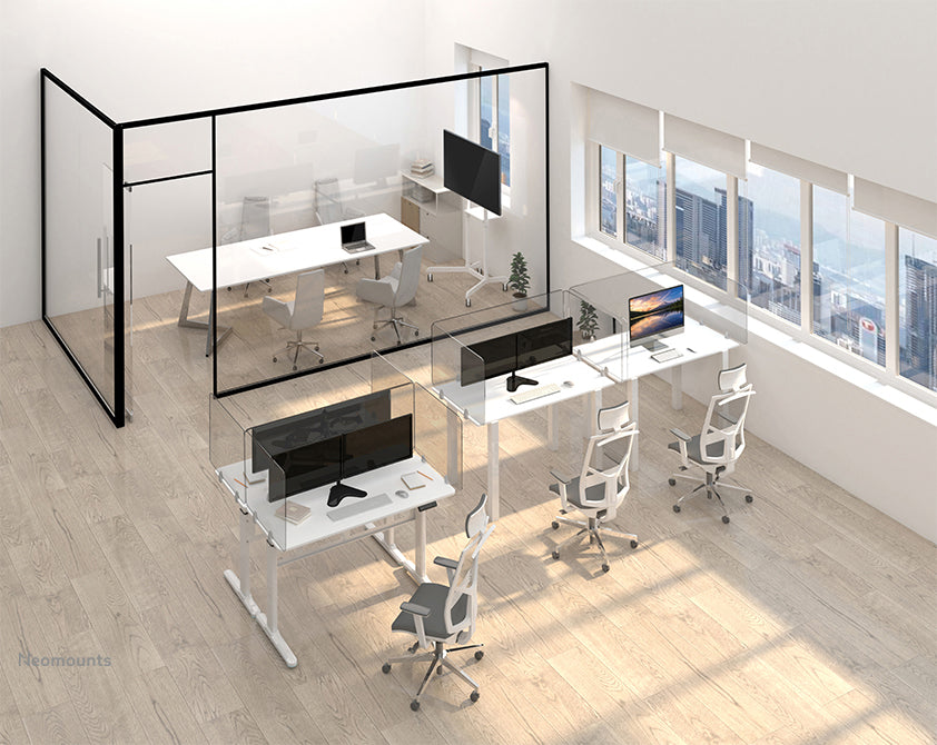 Neomounts NS-GLSPROTECT140 est un écran en verre durable de 138 cm offrant une protection contre la distance sur le lieu de travail - Verre trempé, transparent, 100 % recyclable