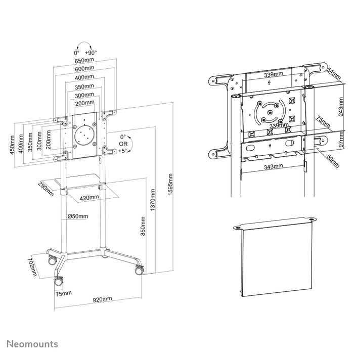 Neomounts NS-M1250 noir est un meuble mobile pour écrans plats jusqu'à 70 pouces (178 cm). Incl. plateau pour ordinateur portable - Noir
