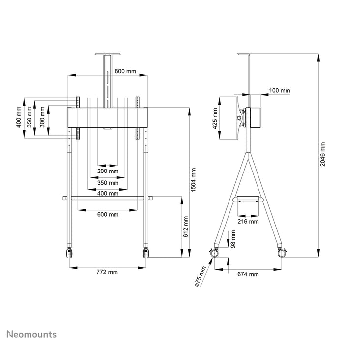 Neomounts NS-M1500 blanc est un meuble mobile pour écrans plats jusqu'à 65 pouces (165 cm). Incl. plateau pour ordinateur portable - Blanc