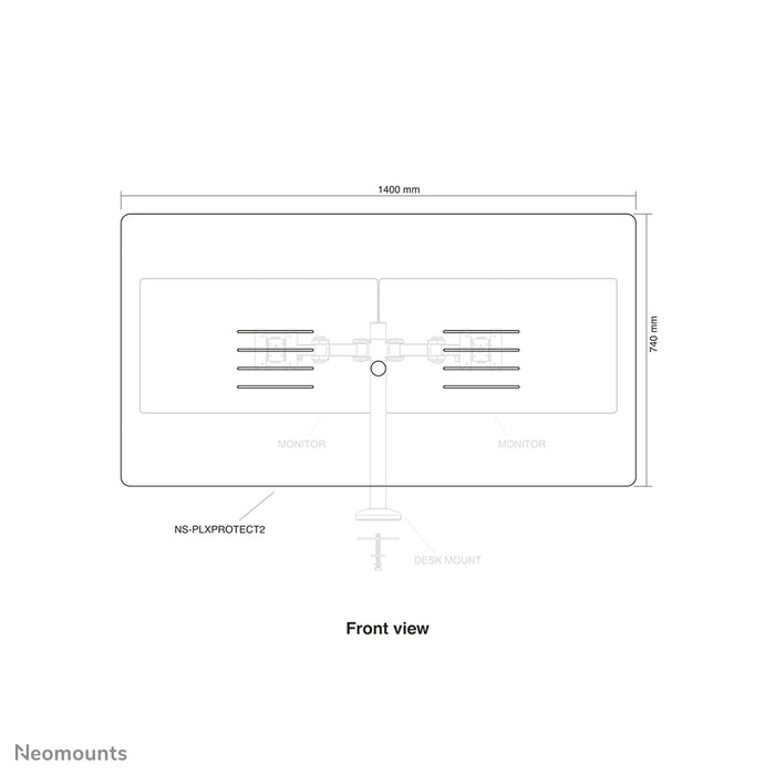 Neomounts NS-PLXPROTECT2 est un écran transparent pour 2 écrans plats et offre une protection contre la distance sur le lieu de travail - Acrylique transparent, 100 % recyclable | PLXPROTECT est enregistré en tant que brevet de design de l'UE |